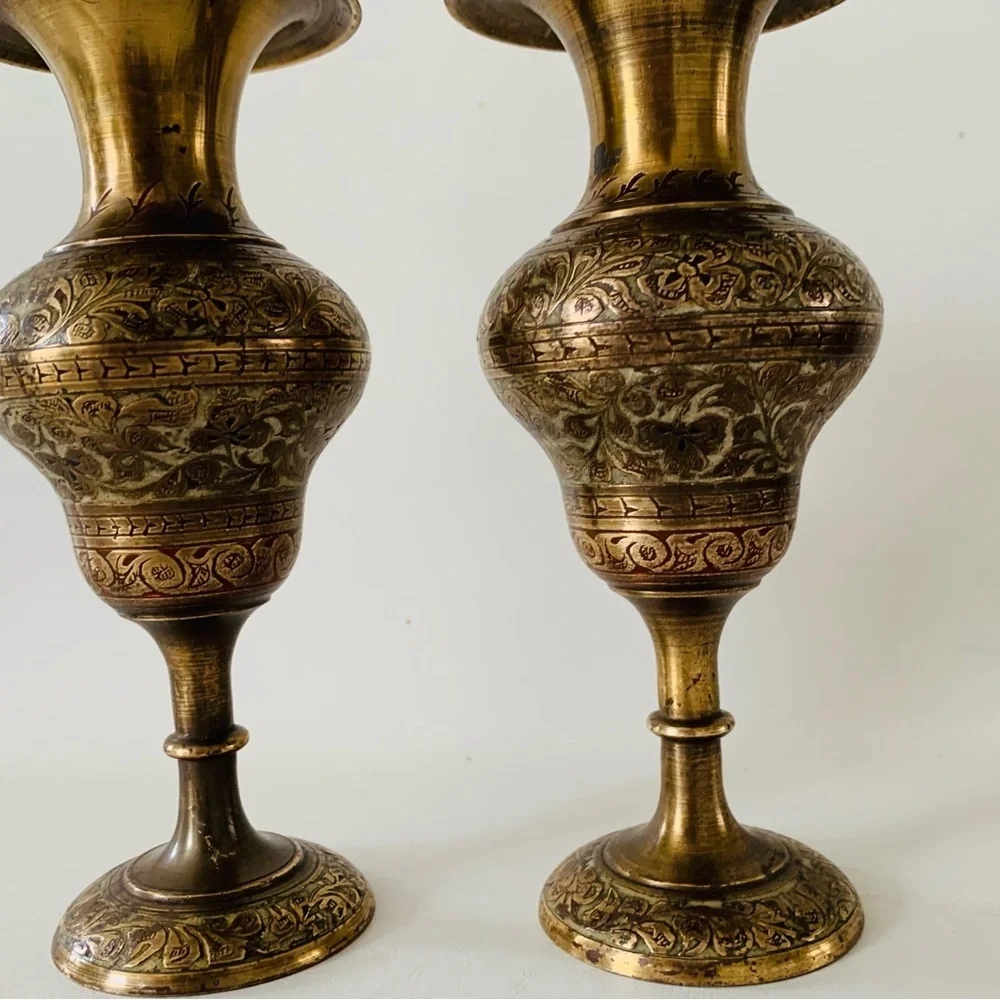 Vintage Indian Etched Florals Brass Fluted Vases Set Of 2 (7”)